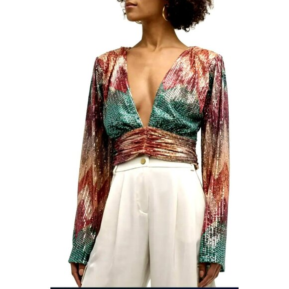 New Ramy Brook Erin Sequined Multicolor Long Sleeve Cropped Top Size 4 - Picture 2 of 10